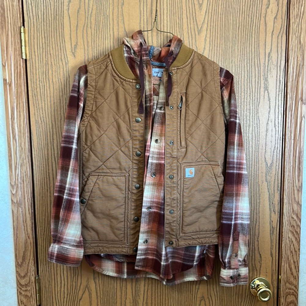 Small (4/6) Carhartt multicolor flannel and tan vest